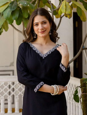 Fashion Radha Rani Women Embroidered Straight Kurta(Black)