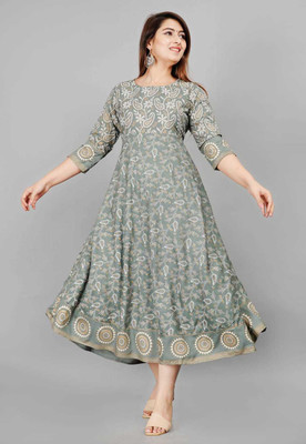 KHOWAL Women Embroidered Anarkali Kurta(Grey)
