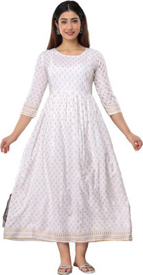 Baisaa Women Printed Flared Kurta(White)