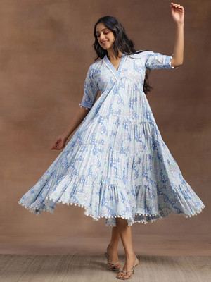 LIBAS Women Printed A-line Kurta(Blue)