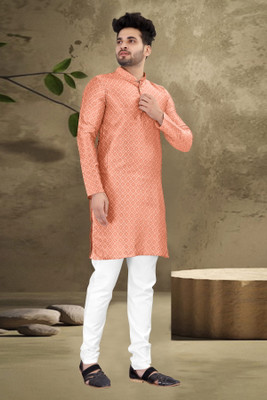 PARALLEL TIMES Men Solid Straight Kurta(Pink)