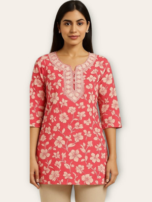 PPThreads Women Floral Print Straight Kurta(Pink, Beige)