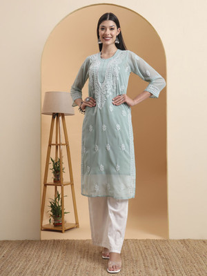 Elenora Women Embroidered Straight Kurta(Blue)