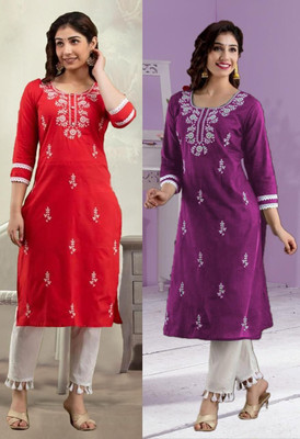 vikshi Women Chikan Embroidery A-line Kurta(Multicolor)