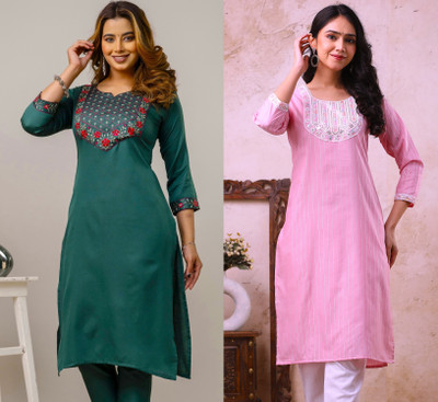 Auzanoor Collection Women Embroidered Straight Kurta(Green, Pink)