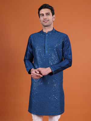 Namaskar Men Embellished Straight Kurta(Blue)