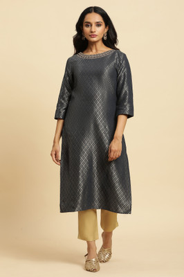 W Women Solid Straight Kurta(Grey)