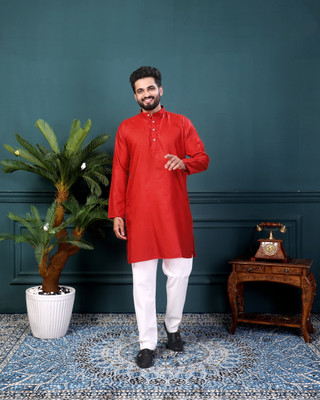 ORIFAB Men Solid A-line Kurta(Red)