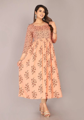 HouseOfCommon Women Printed Anarkali Kurta(Orange)