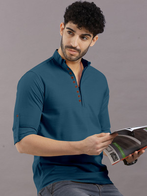 VTEXX Men Solid Straight Kurta(Blue)
