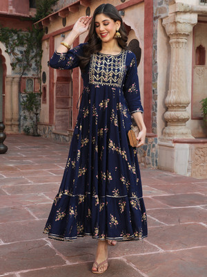 Gulmohar Jaipur Women Printed Flared Kurta(Dark Blue)