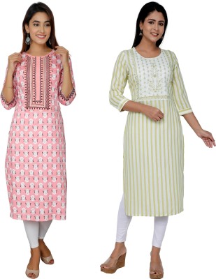 Kundan Women Striped Straight Kurta(Green, Pink)