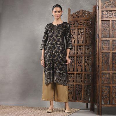 RANGRITI Women Printed Straight Kurta(Black)