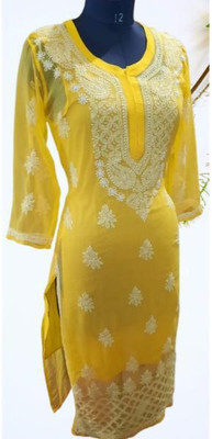 KKHANSHENTP Women Chikan Embroidery Ethnic Dress Kurta(Yellow)