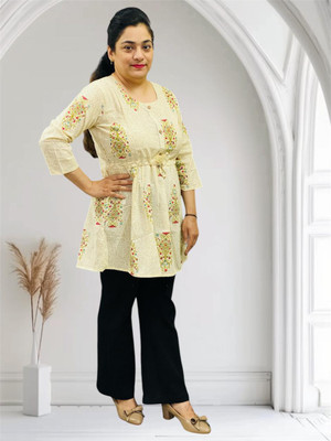 Saira Sonic Women Printed Anarkali Kurta(Beige)