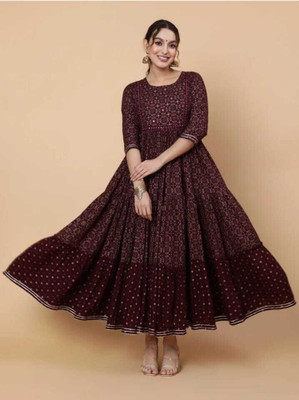 KAWDI FASHION Women Printed Flared Kurta(Maroon)