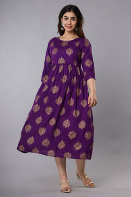 neroli Women Printed Flared Kurta(Purple)