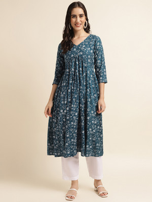 Fabclub Women Printed Anarkali Kurta(Blue)