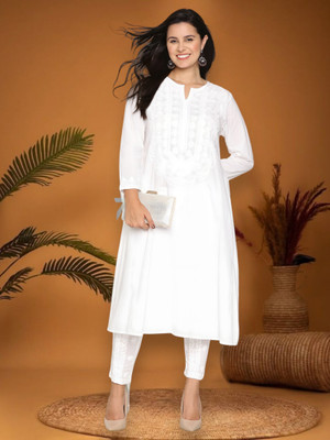 Handkari Women Embroidered A-line Kurta(White)