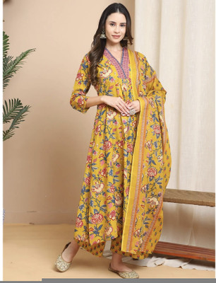 SHIRIN CREATION Women Floral Print A-line Kurta(Yellow)