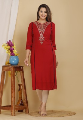 Mehsoos Women Embroidered Straight Kurta(Maroon)