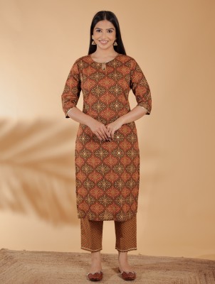 Aramya Women Geometric Print Straight Kurta(Brown)