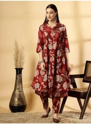 AnhaFancy Women Floral Print Flared Kurta(Red)