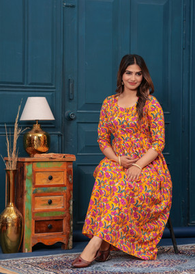 GUNINI Women Printed Anarkali Kurta(Yellow, Pink)