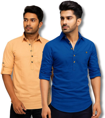CROWNTAIL Men Solid Straight Kurta(Orange, Dark Blue)