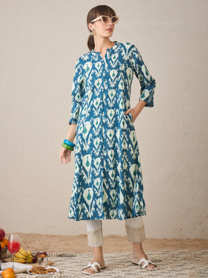 Indo Era Women Printed A-line Kurta(Blue, Beige)