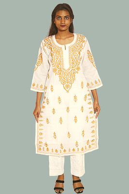 J K FASHION Women Chikan Embroidery, Embroidered Straight Kurta(White)