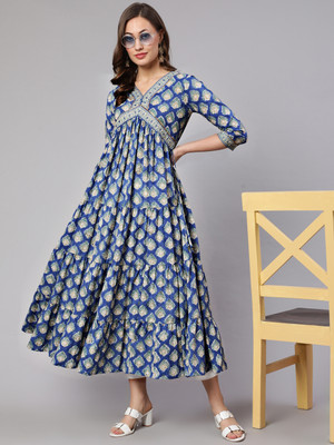 Women Click Women Printed Anarkali Kurta(Blue)