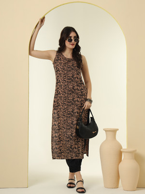NYPA Women Printed Straight Kurta(Brown)