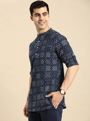 ANOUK Men Floral Print Straight Kurta(Blue)