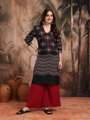 Sangria Women Geometric Print A-line Kurta(Black)