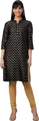 Globus Women Printed Straight Kurta(Black, Gold)