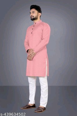 THREADNEST Men Self Design Straight Kurta(Pink)