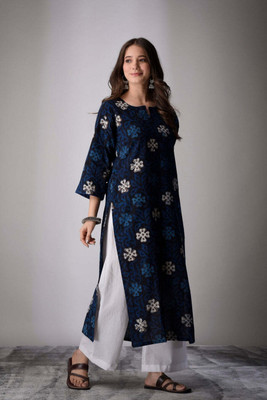 brijmumta Women Floral Print A-line Kurta(Blue)
