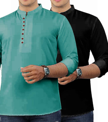 GOD HEART Men Solid Straight Kurta(Black, Light Green)