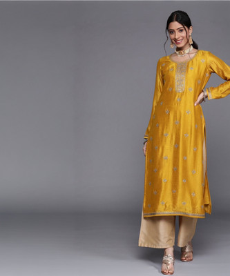 RARE THREAD Women Embellished A-line Kurta(Yellow)