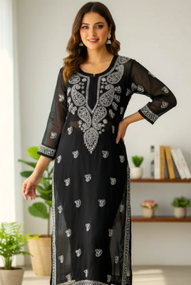 Jagven Fab Women Chikan Embroidery, Embroidered, Paisley, Floral Print Straight Kurta(Black)