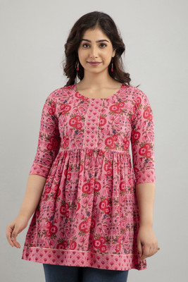 TAILORS ART Women Printed Flared Kurta(Pink)