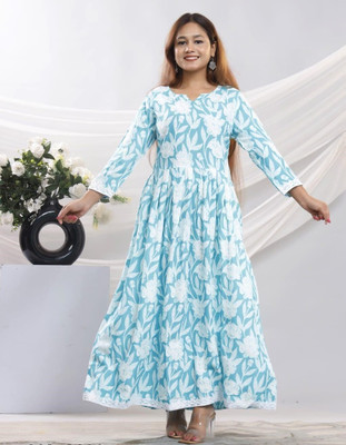 AnshulRajput Women Printed Anarkali Kurta(Light Blue)
