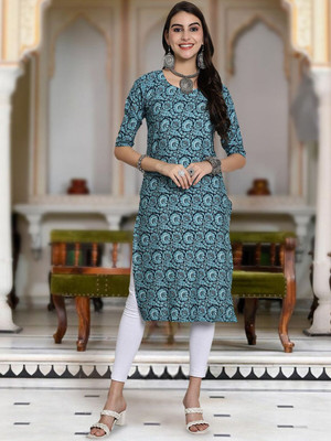 Moda Rapido Women Floral Print Straight Kurta(Green)