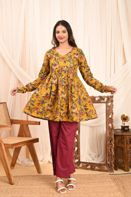ARZOO Women Floral Print Flared Kurta(Yellow)