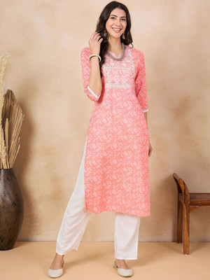 ANOUK Women Floral Print Straight Kurta(Pink)