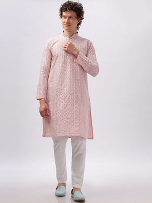 ANOUK Men Abstract Straight Kurta(Pink)