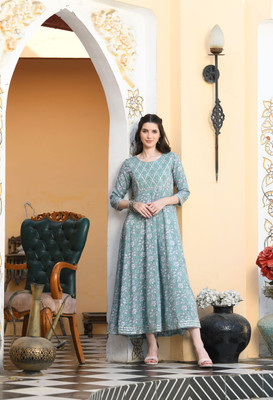 STRAYLO Women Floral Print Anarkali Kurta(Light Blue)