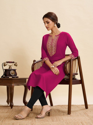 Sai veera Fashion Women Embroidered A-line Kurta(Pink)