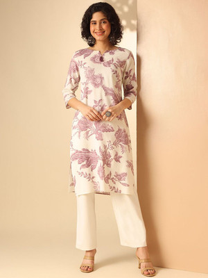ANOUK Women Floral Print Straight Kurta(Pink)